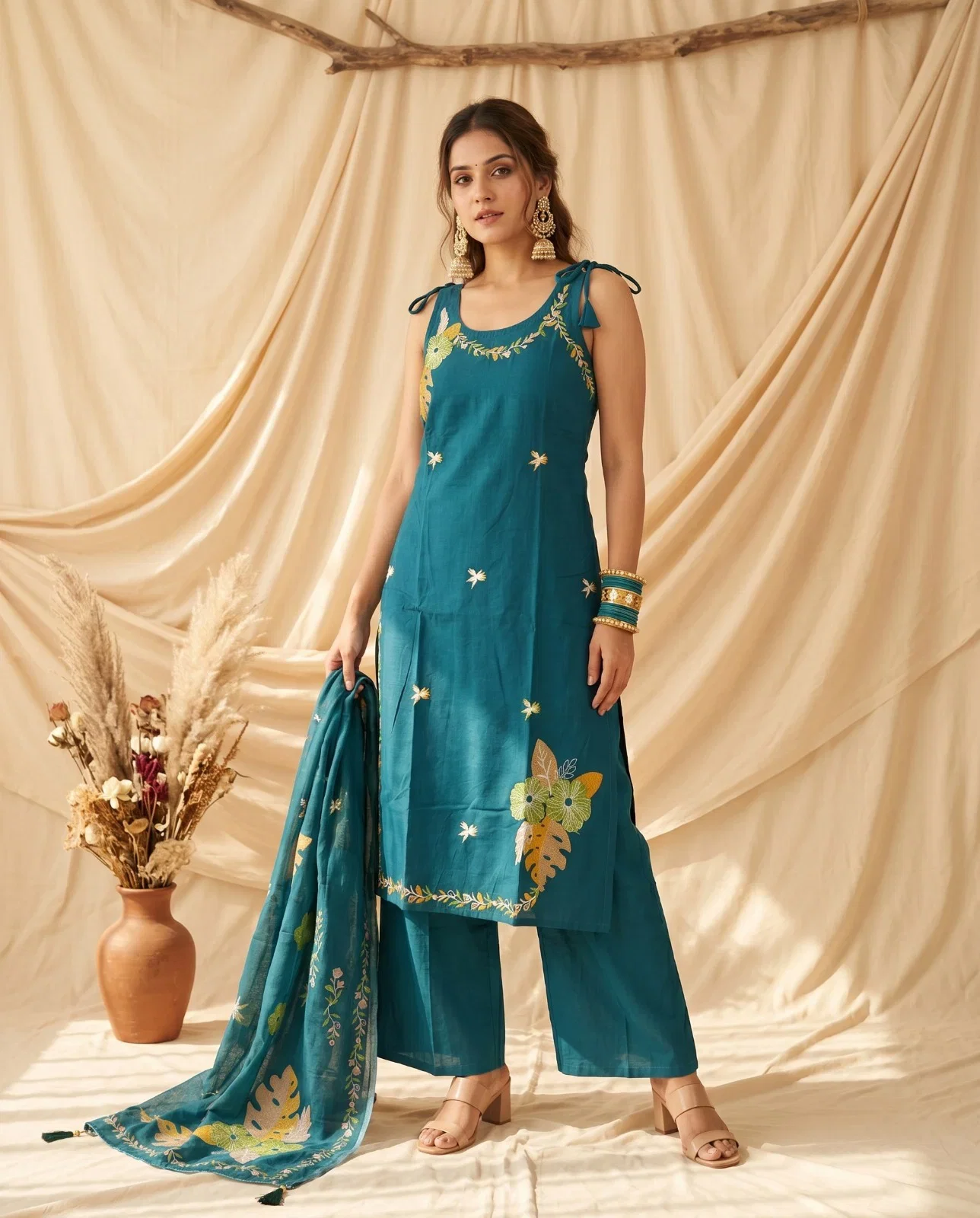 Naisha K 976 Dhabu Cotton Embroidered Kurti With Bottom Dupatta