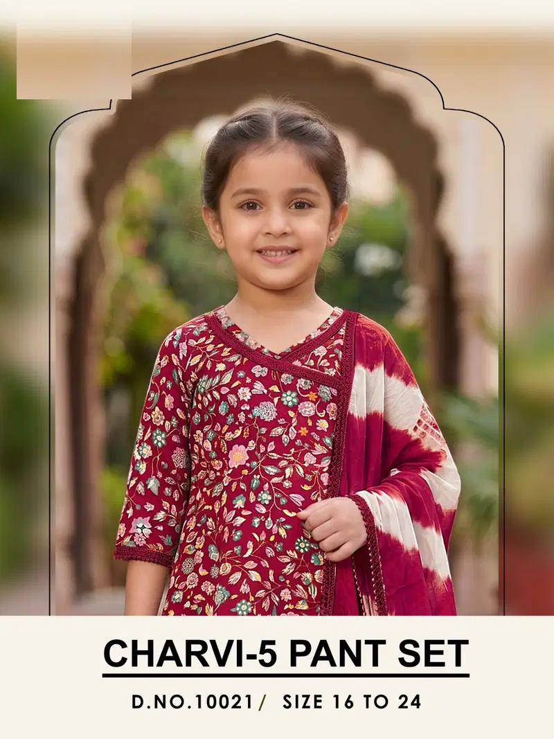 Charvi 10021 Rayon Printed Kids Wear Kurti Pant And Dupatta