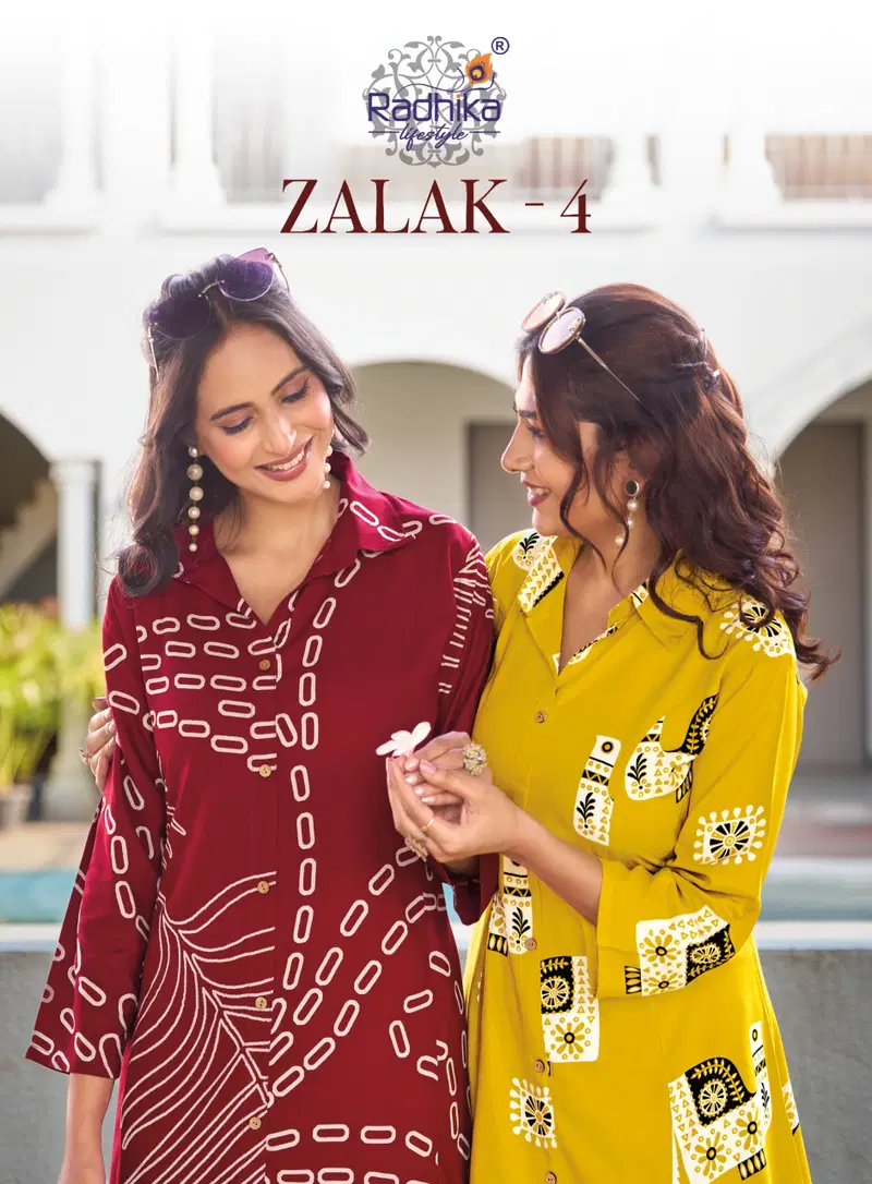 Radhika Zalak Vol 4 Rayon Discharge Foil Printed Kurti With Bottom