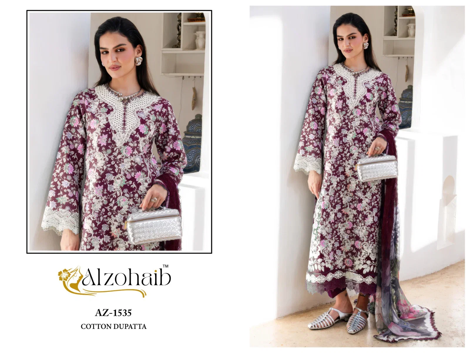 Alzohaib Az 1535 To 1538 Chiffon Dupatta Cotton Embroidered Salwar Kameez