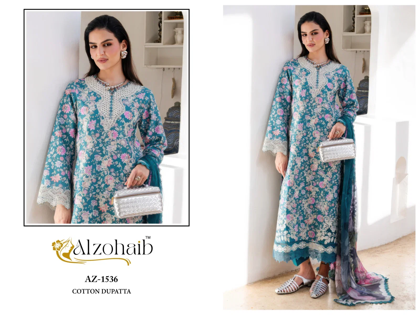 Alzohaib Az 1535 To 1538 Chiffon Dupatta Cotton Embroidered Salwar Kameez