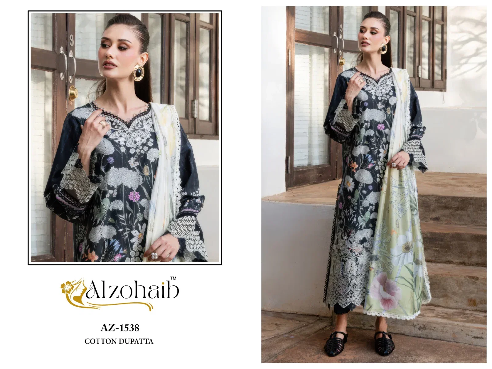 Alzohaib Az 1535 To 1538 Chiffon Dupatta Cotton Embroidered Salwar Kameez
