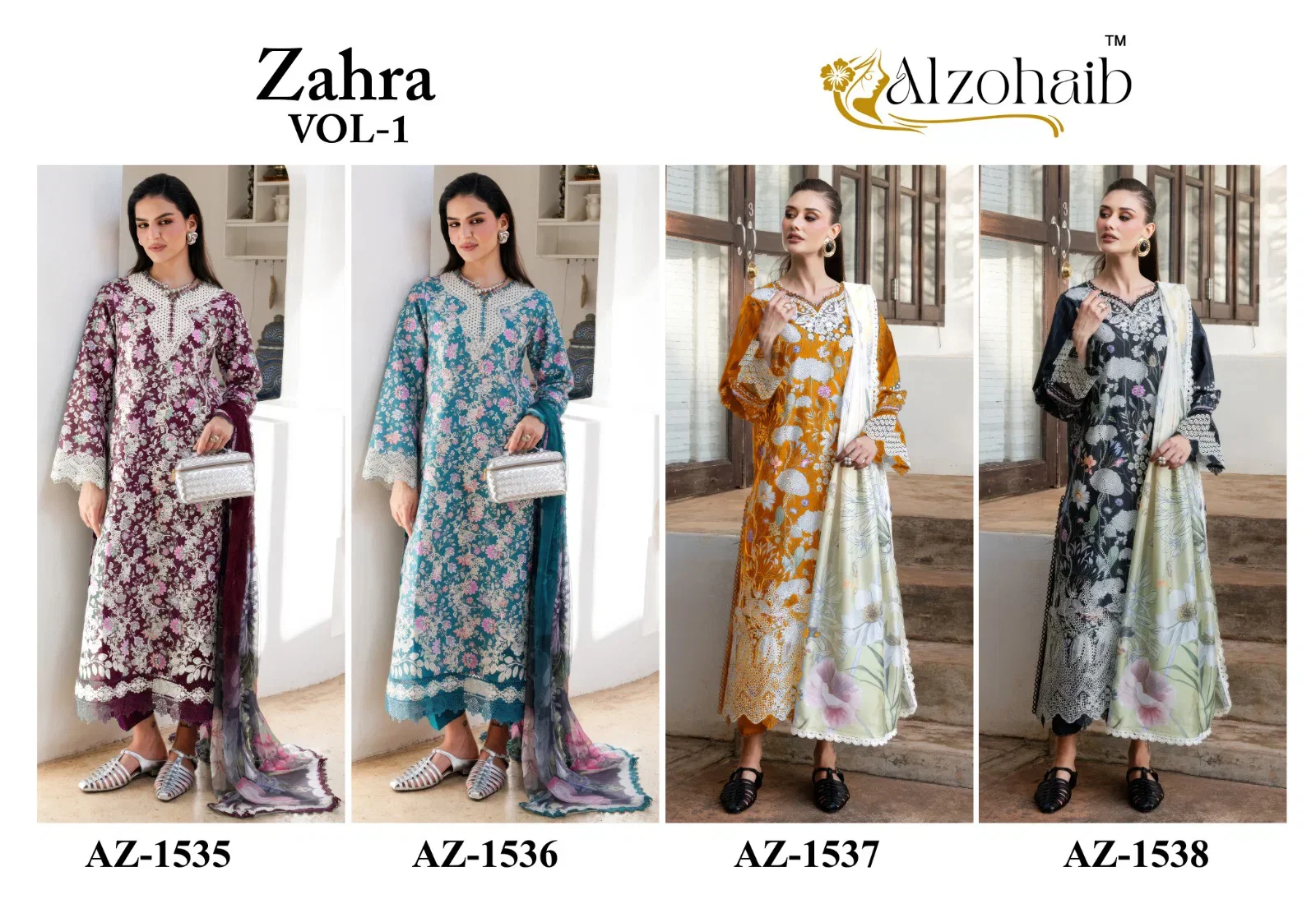 Alzohaib Az 1535 To 1538 Chiffon Dupatta Cotton Embroidered Salwar Kameez