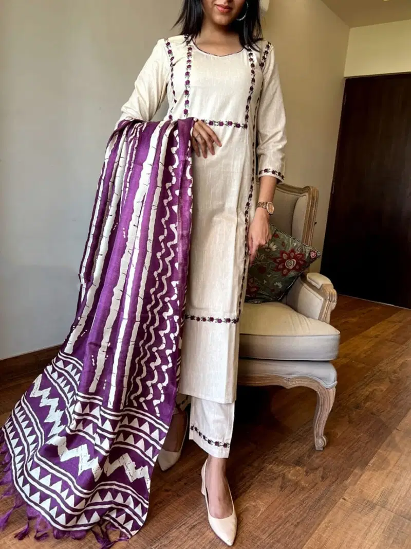 Dhruvi 448 Cotton Embroidery Kurti With Pant Dupatta Collection