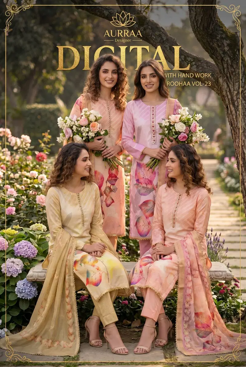 Roohaa Vol 23 Premium Rayon Cotton Digital With Handworked Kurti With Bottom Dupatta