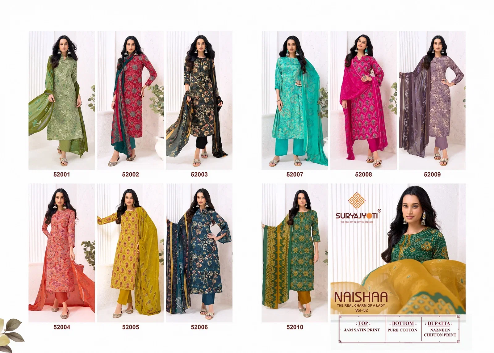 Suryajyoti Naishaa Vol 52 Jaam Satin Printed Dress Material Collection