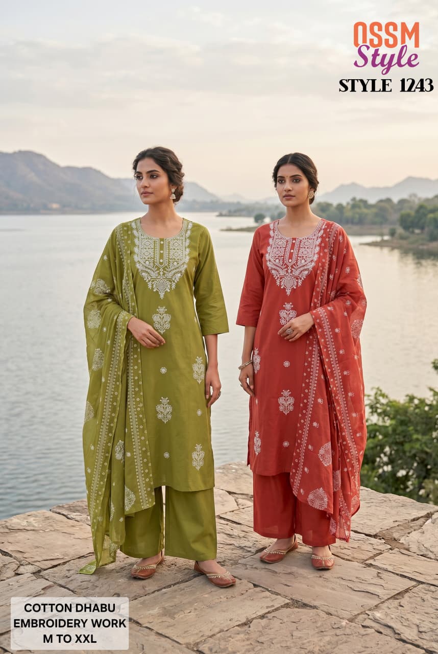 Ossm Style 1243 Dhabu Cotton Embroidered Kurti With Bottom Dupatta