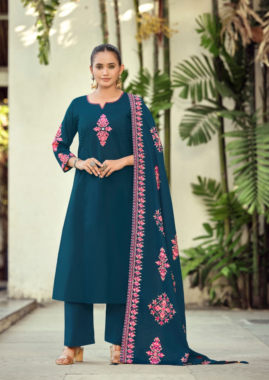 Woodee Haseen Cotton Thread Worked Kurti With Bottom Dupatta