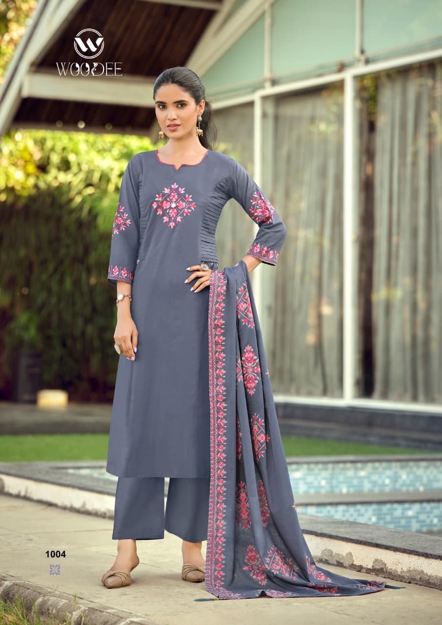 Woodee Haseen Cotton Thread Worked Kurti With Bottom Dupatta