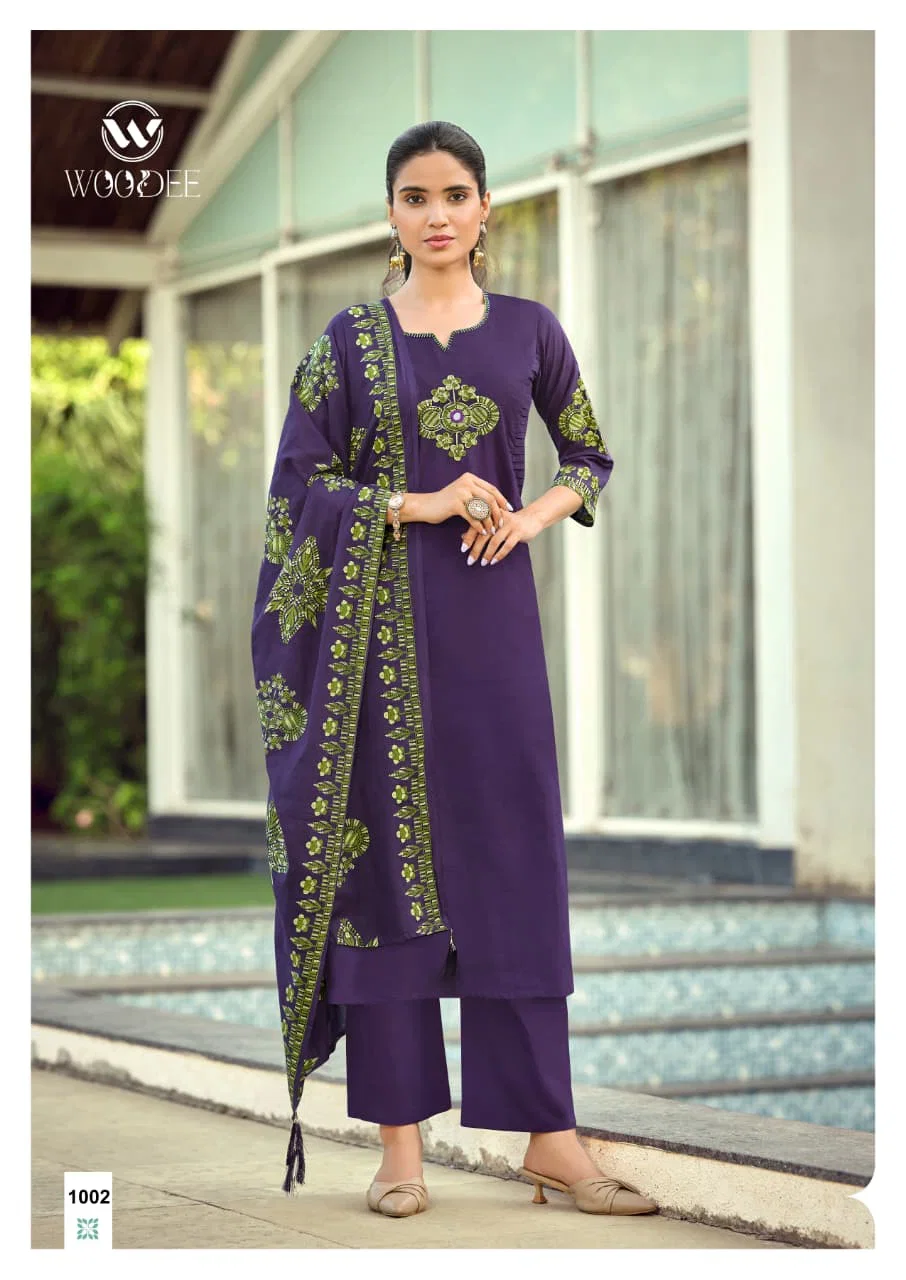 Woodee Haseen Cotton Thread Worked Kurti With Bottom Dupatta