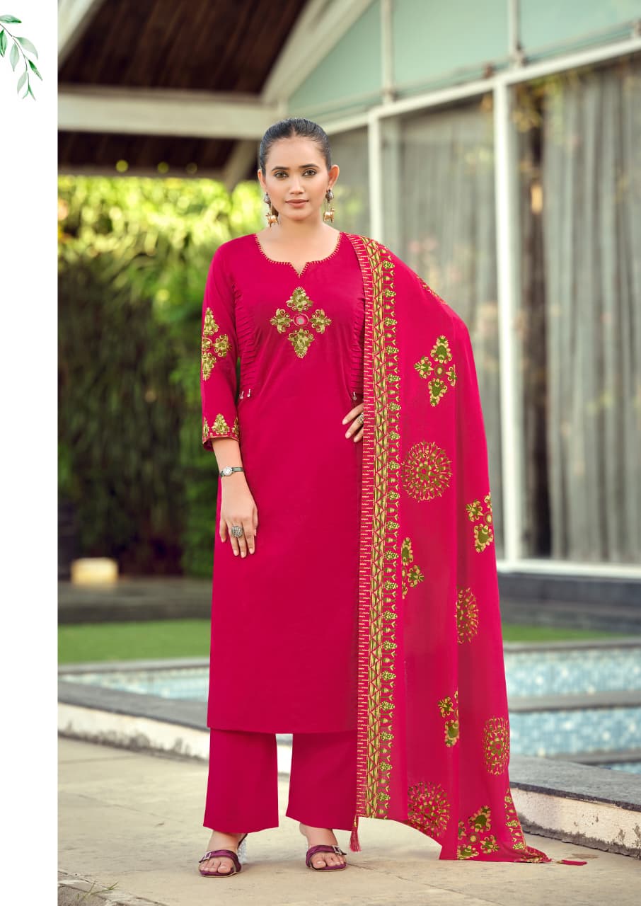 Woodee Haseen Cotton Thread Worked Kurti With Bottom Dupatta