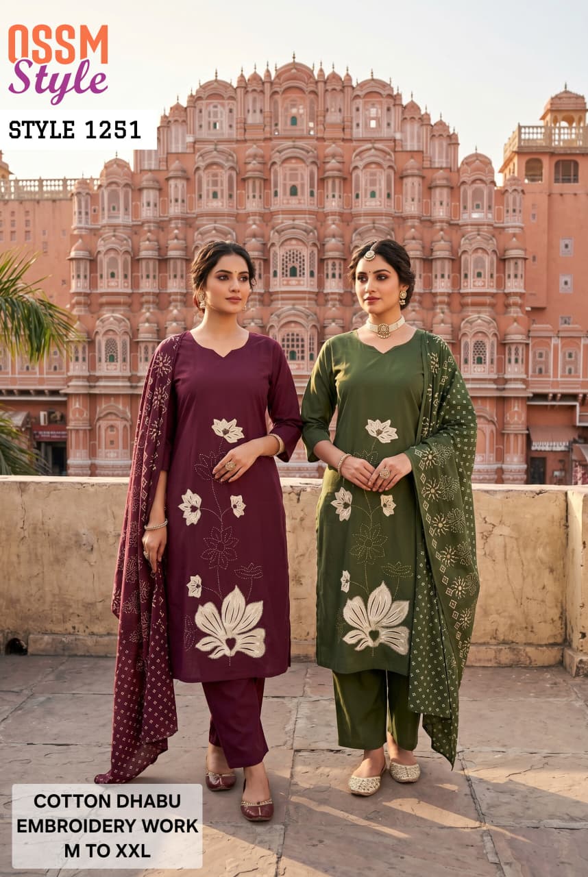 Ossm Style 1251 Cotton Dhubu Embroidery Worked Kurti With Bottom Dupatta