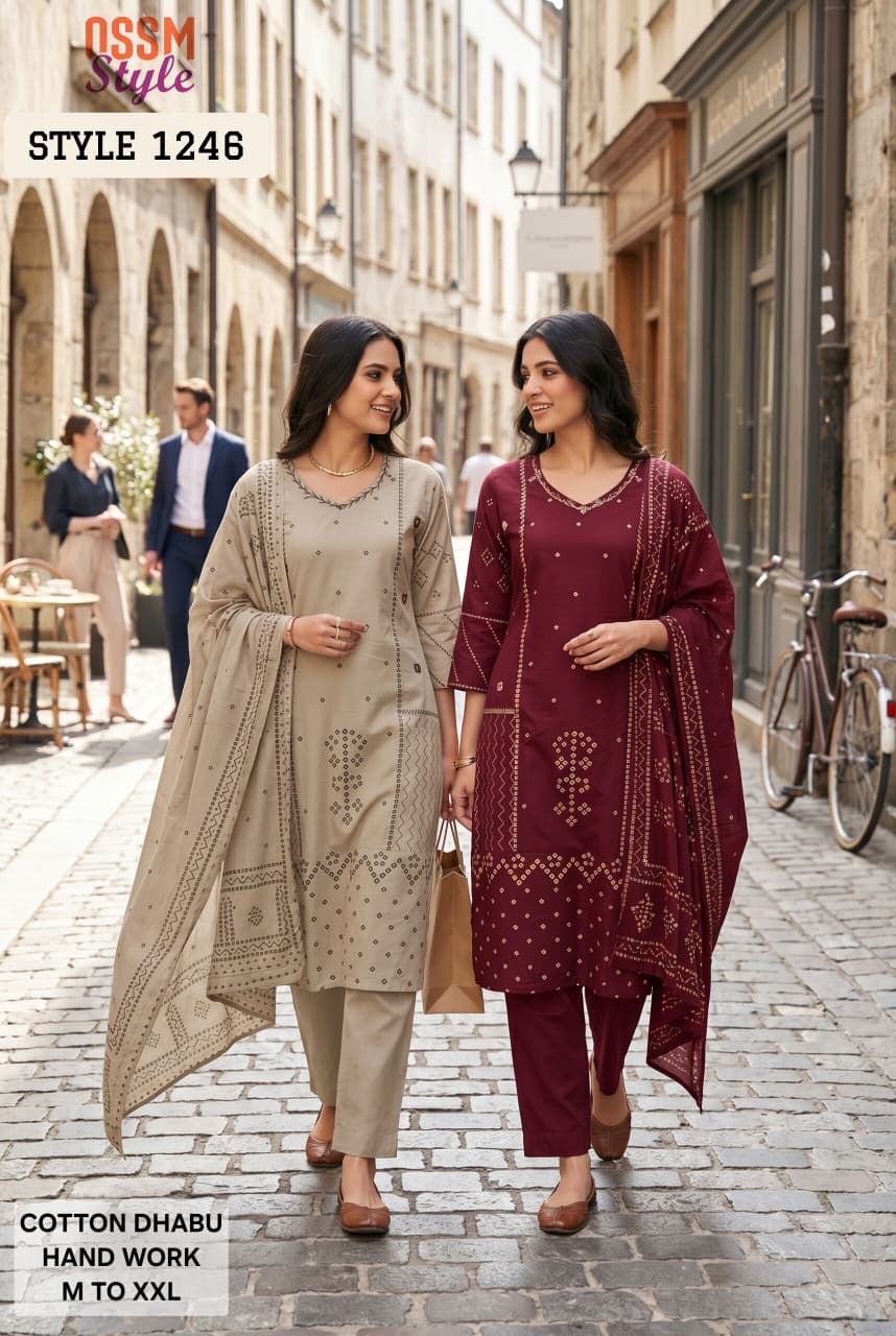Ossm Style 1246 Dhabu Cotton Hand Worked Kurti With Bottom Dupatta