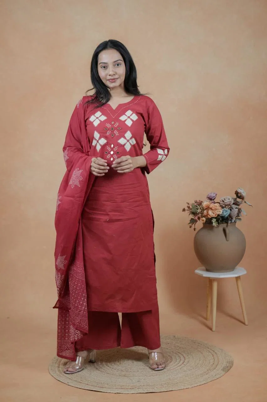 Naisha K 983 Cotton Dhabu Kurti With Bottom Dupatta