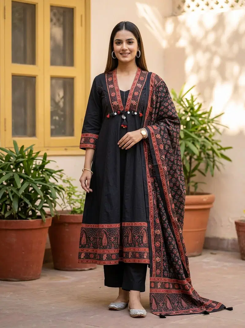 Naisha K 979 Cotton Anarkali Kurti With Bottom Dupatta