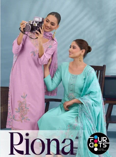 Four Dots Riona Muslin With Applique Work Dress Material