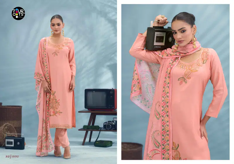Four Dots Riona Muslin With Applique Work Dress Material