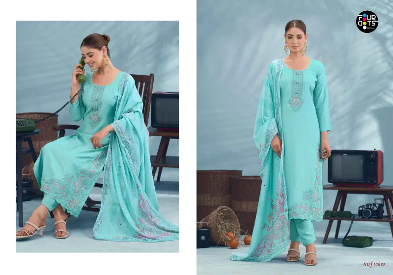 Four Dots Riona Muslin With Applique Work Dress Material