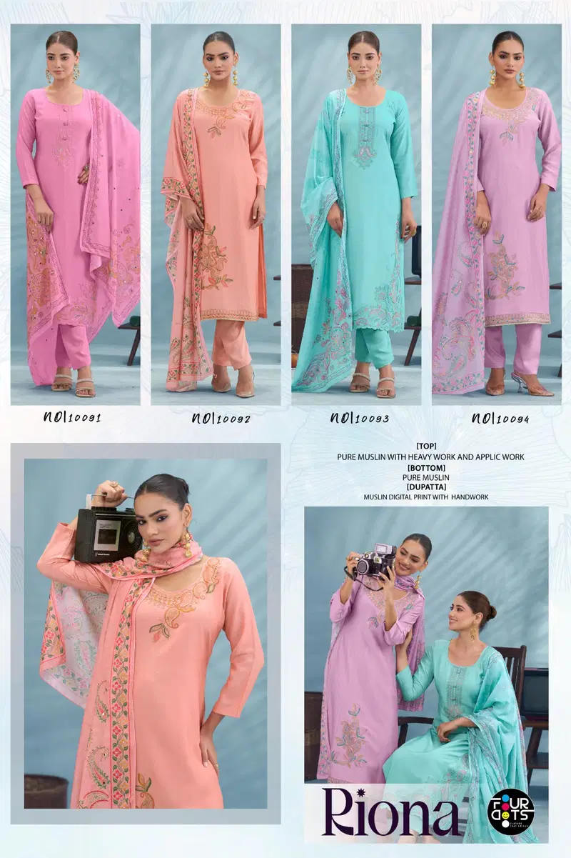 Four Dots Riona Muslin With Applique Work Dress Material
