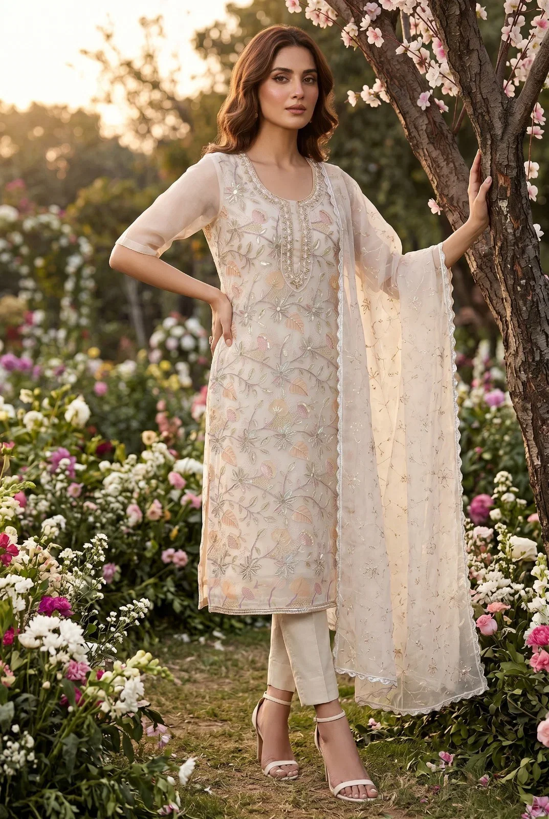 Roohaa Vol 24 Organza Handworked Kurti With Bottom Dupatta