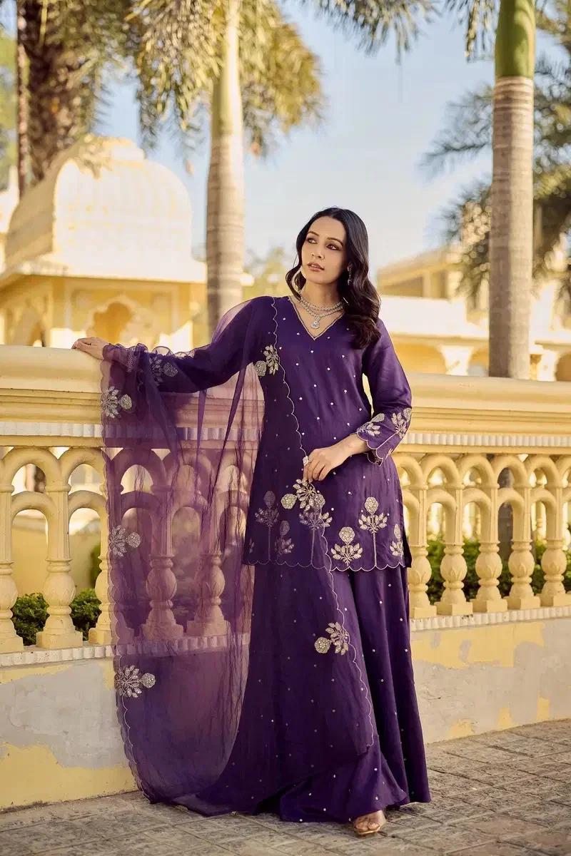 Satgulabo 01 Purple Color Chanderi Silk Kurti With Sharara Dupatta