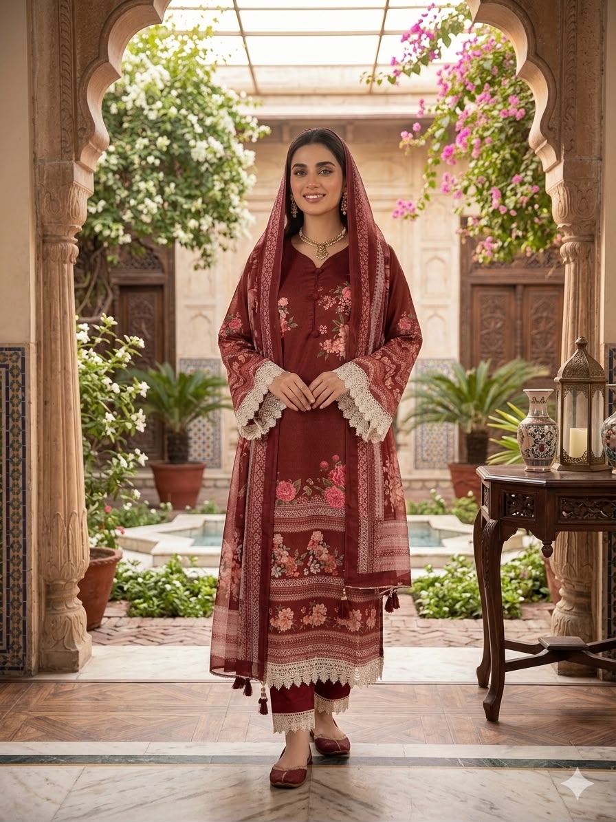 FM Iznik Cotton Readymade Top Pant And Dupatta