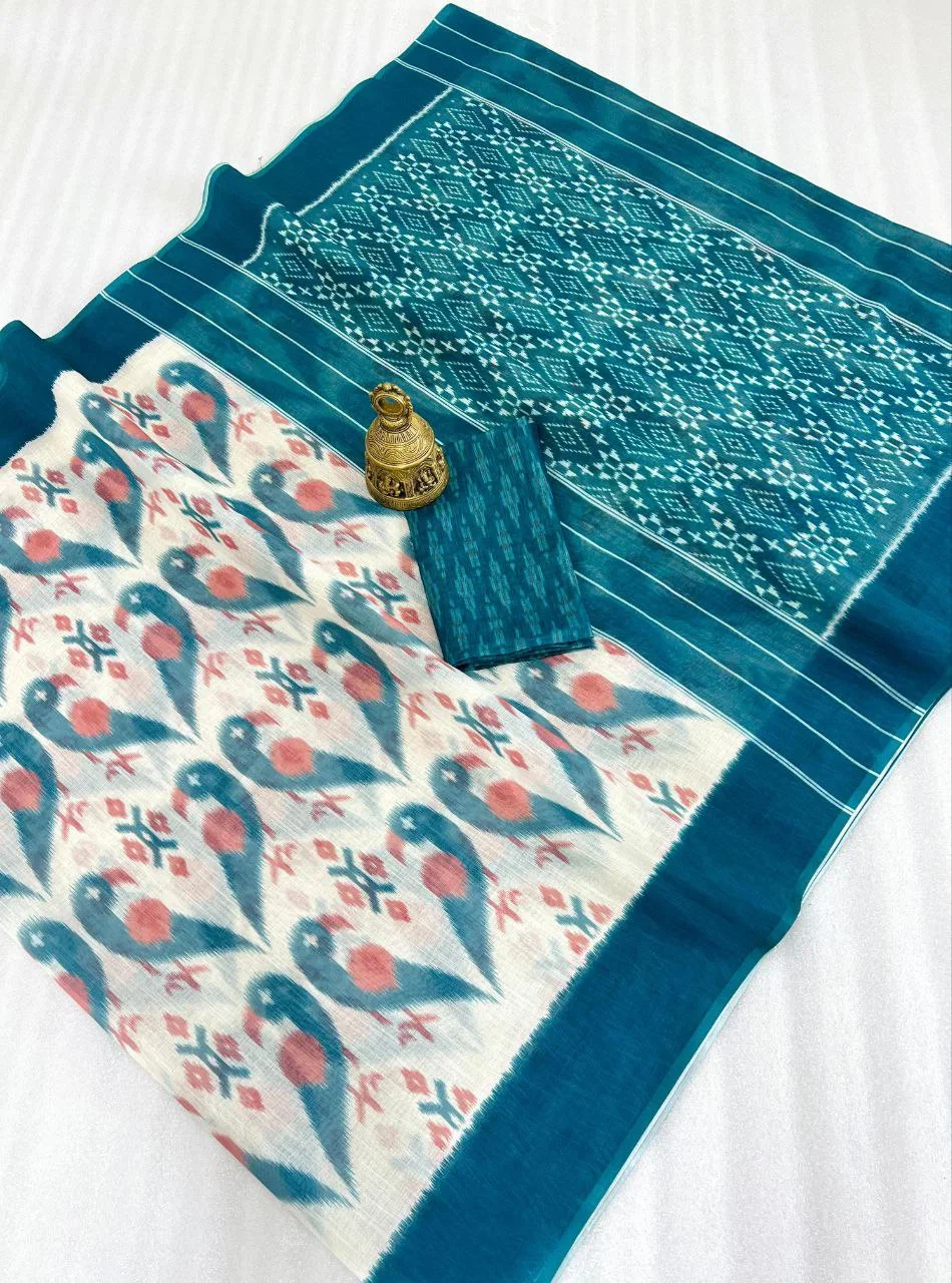 Scmg Ikkat Linen Woven Ikkat Printed Saree Collection
