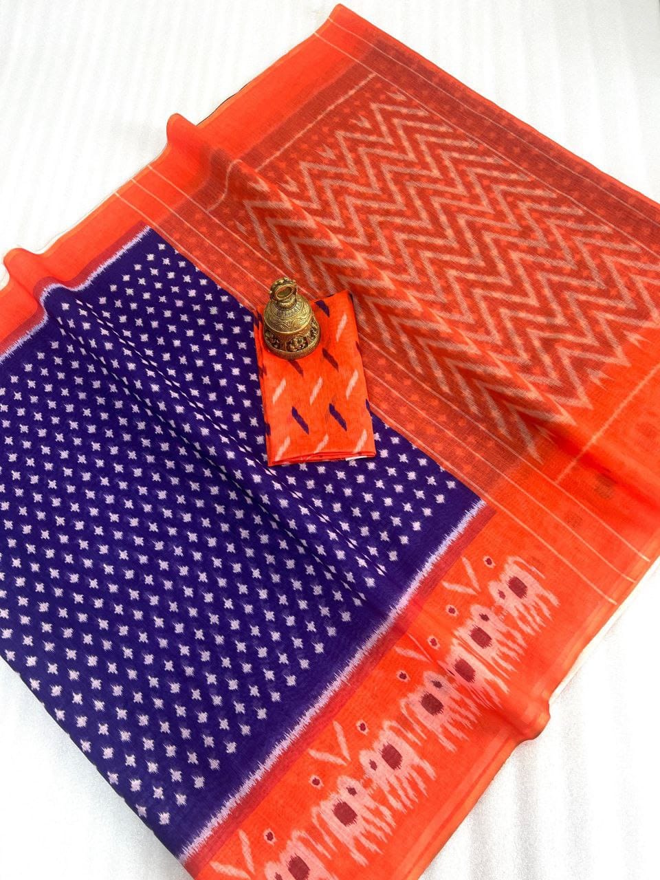 Scmg Ikkat Linen Woven Ikkat Printed Saree Collection
