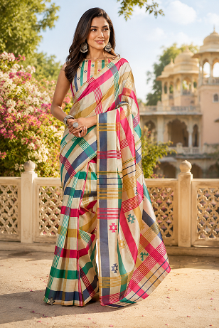 Meera 337 Party Wear Printed Chanderi Cotton Ready to Wear Saree with Un Stitched Blouse