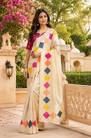 Meera 337 Party Wear Printed Chanderi Cotton Ready to Wear Saree with Un Stitched Blouse