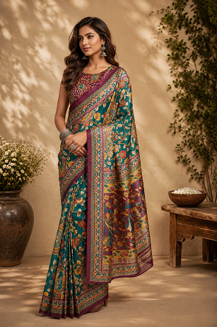 Meera 337 Party Wear Printed Chanderi Cotton Ready to Wear Saree with Un Stitched Blouse