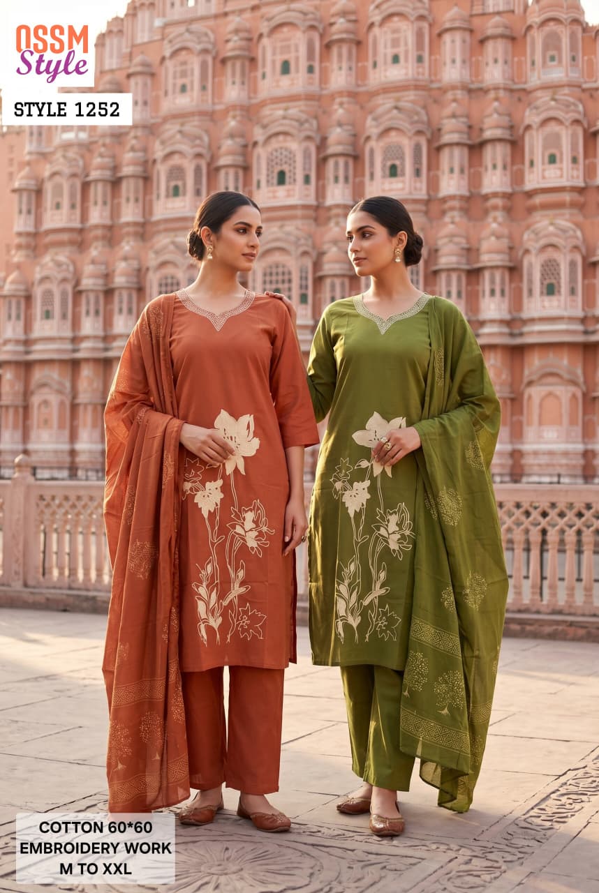 Ossm Style 1252 Cotton Embroidered Kurti With Bottom Dupatta