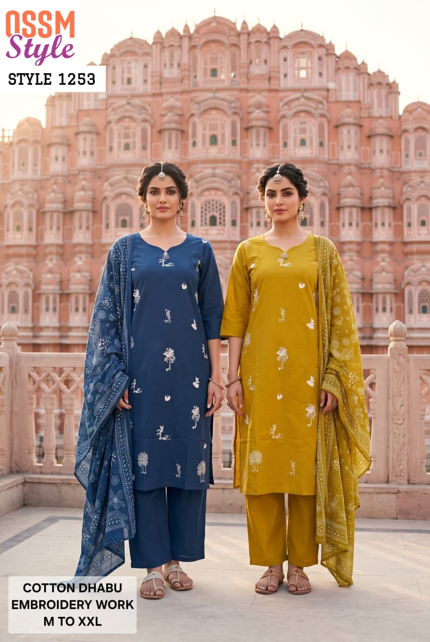 Ossm Style 1253 Cotton Dhabu Embroidery Kurti Bottom With Dupatta
