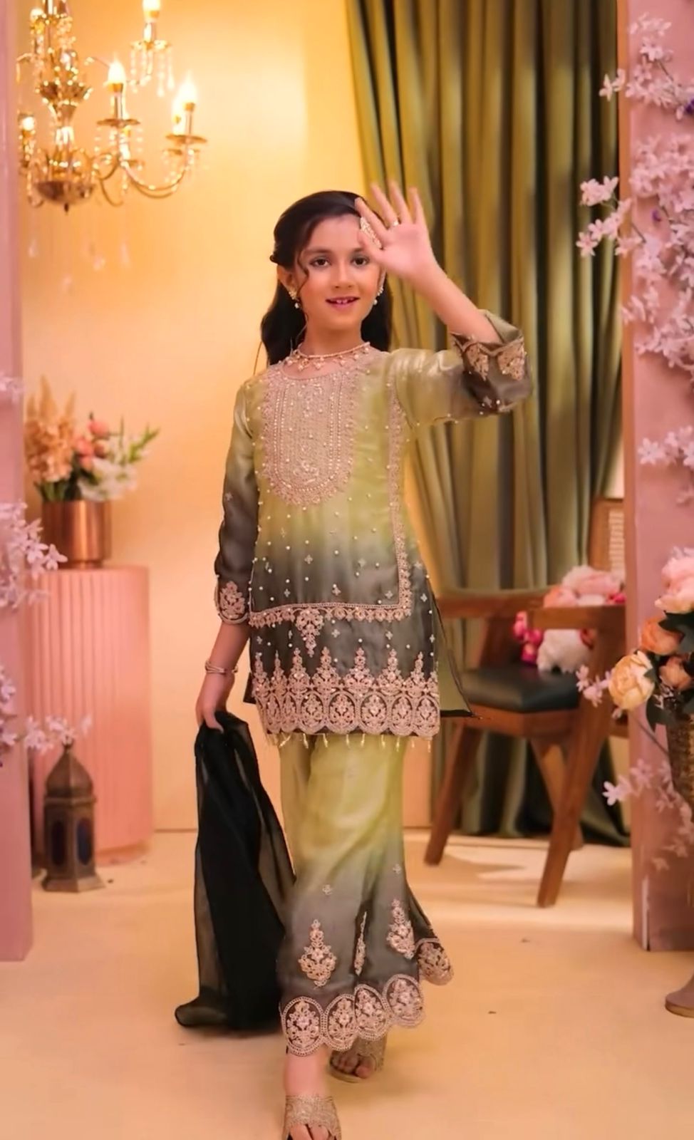 OC 250 GMY Silk Kids Readymade Top Plazzo And Dupatta set