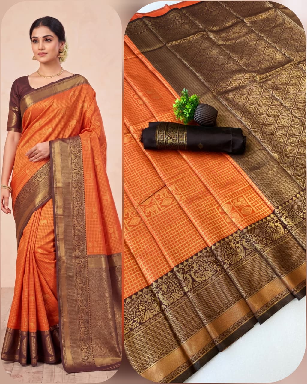 VLC Orange Kanchivaram Silk Zari Pattern Saree
