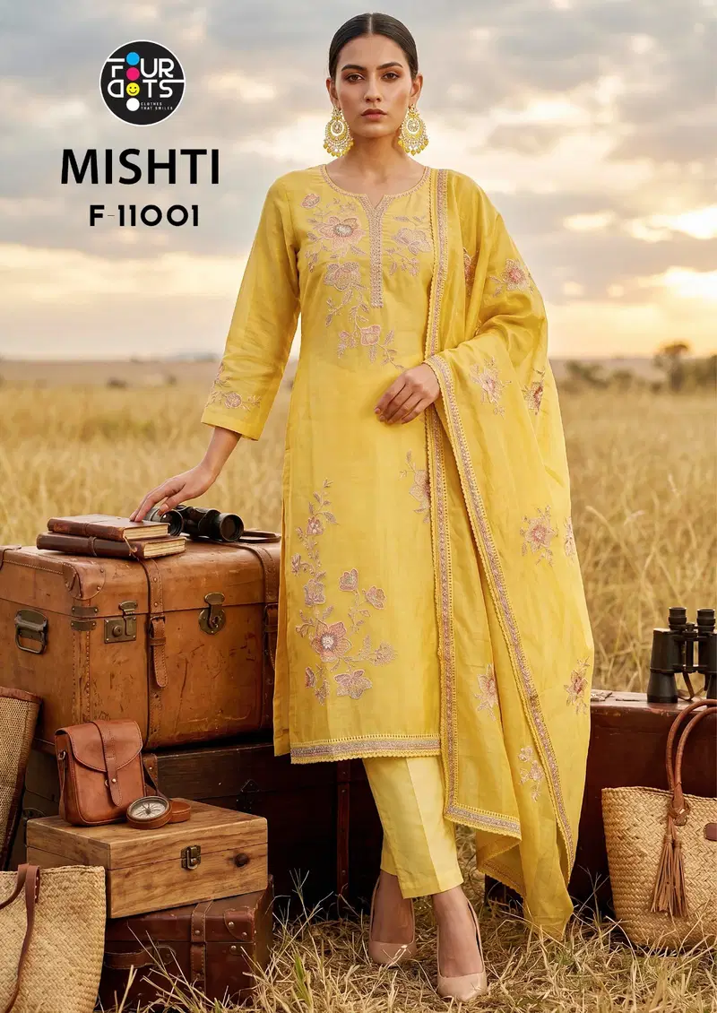 Four Dots Mishti Mal Chanderi Cotton Handworked Dress Material
