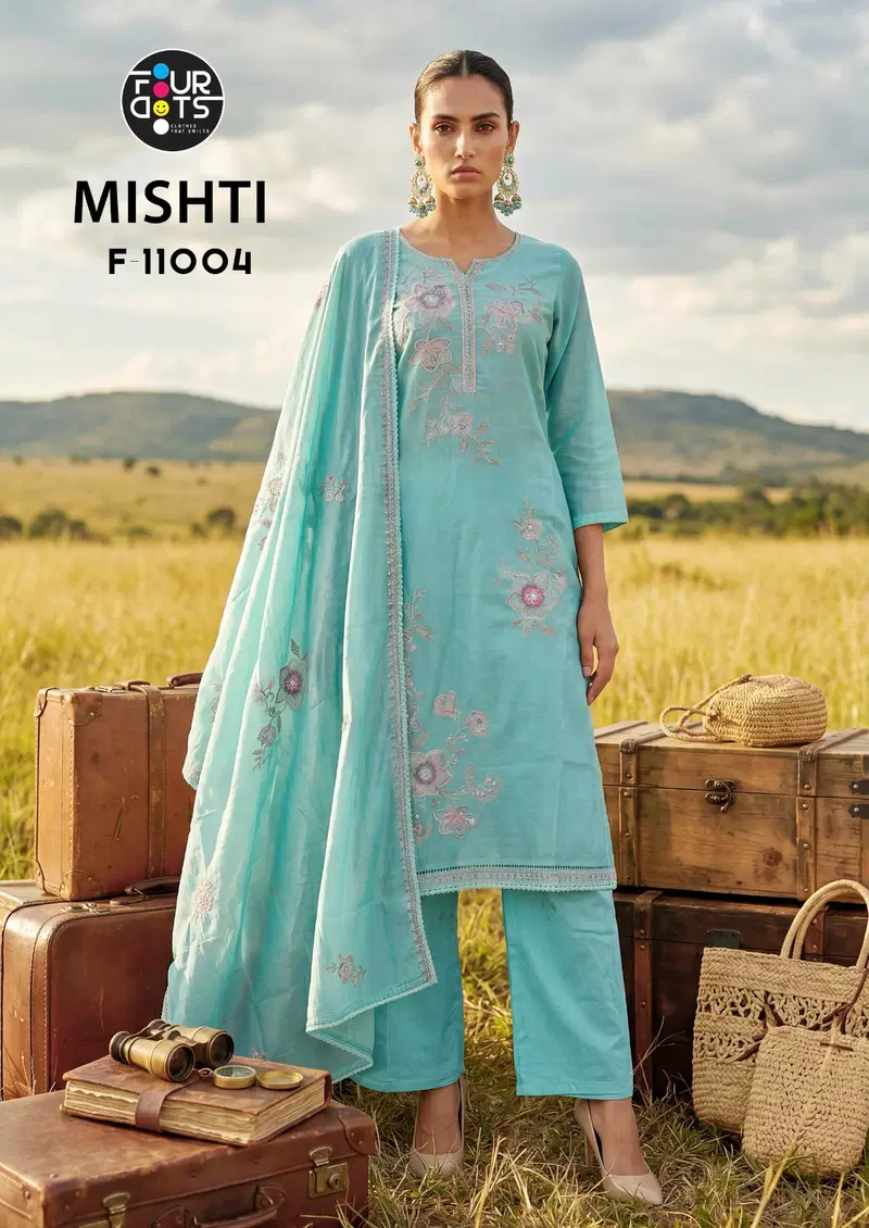 Four Dots Mishti Mal Chanderi Cotton Handworked Dress Material