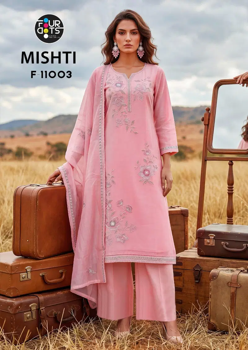 Four Dots Mishti Mal Chanderi Cotton Handworked Dress Material
