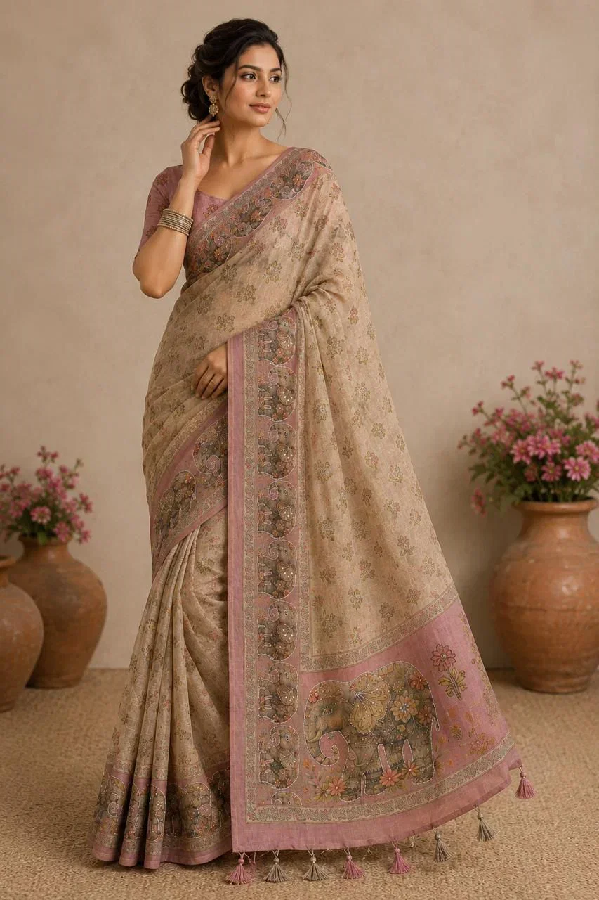 Vt 860 T Soft Linen Cotton Silk Cutdana Worked Saree Collection