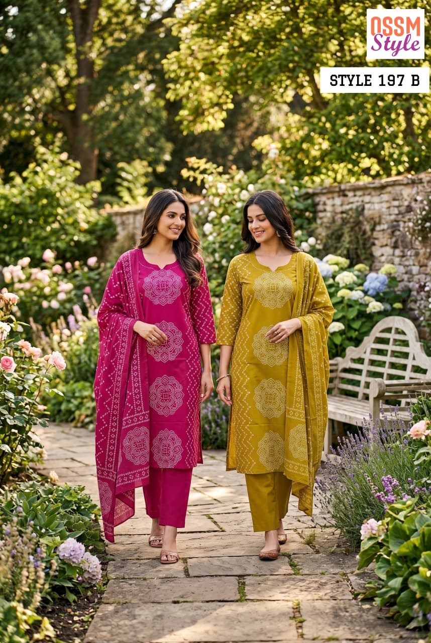 Ossm Style 197 A And B Cotton Discharge Printed Kurti With Bottom Dupatta