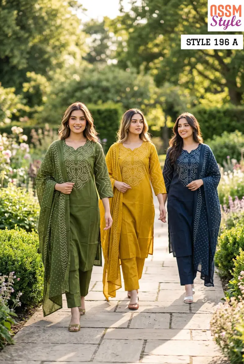 Ossm Style 196 A And B Cotton Discharge Printed Kurti With Bottom Dupatta