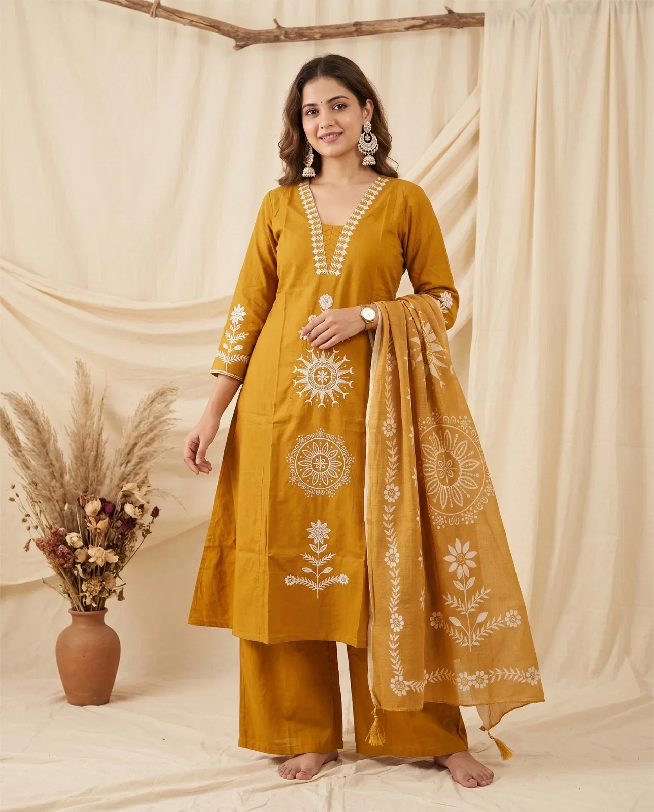 Naisha K 991 Dhabu Cotton Aline Kurti With Bottom Dupatta