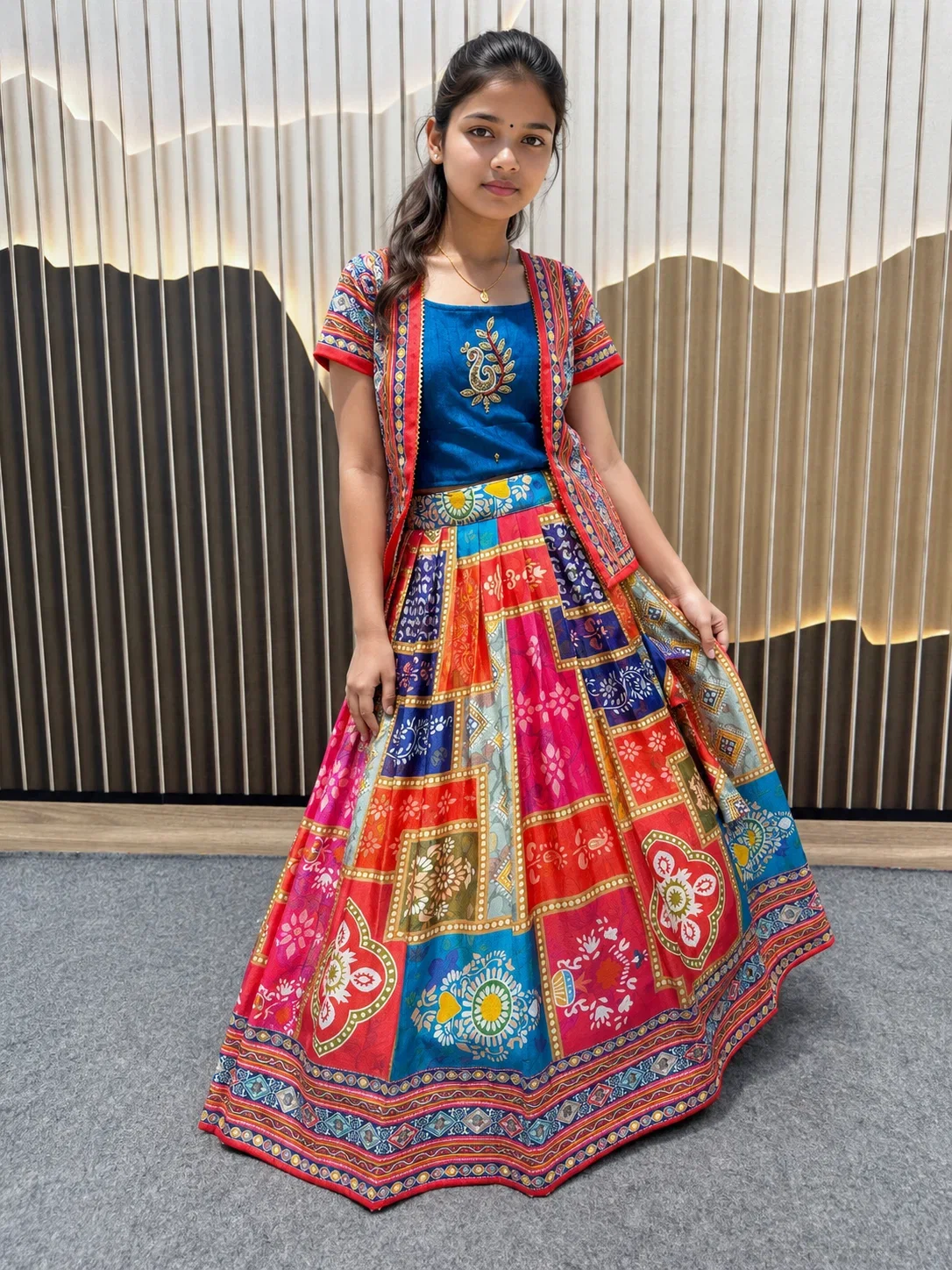 St D No 118 Chinon Silk Digital Printed Kids Lehenga Choli With Koti