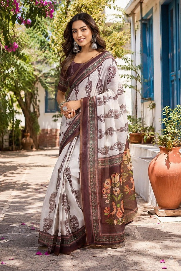 Meera 339 Party Wear Printed Chanderi Cotton Ready to Wear Saree with Un Stitched Blouse