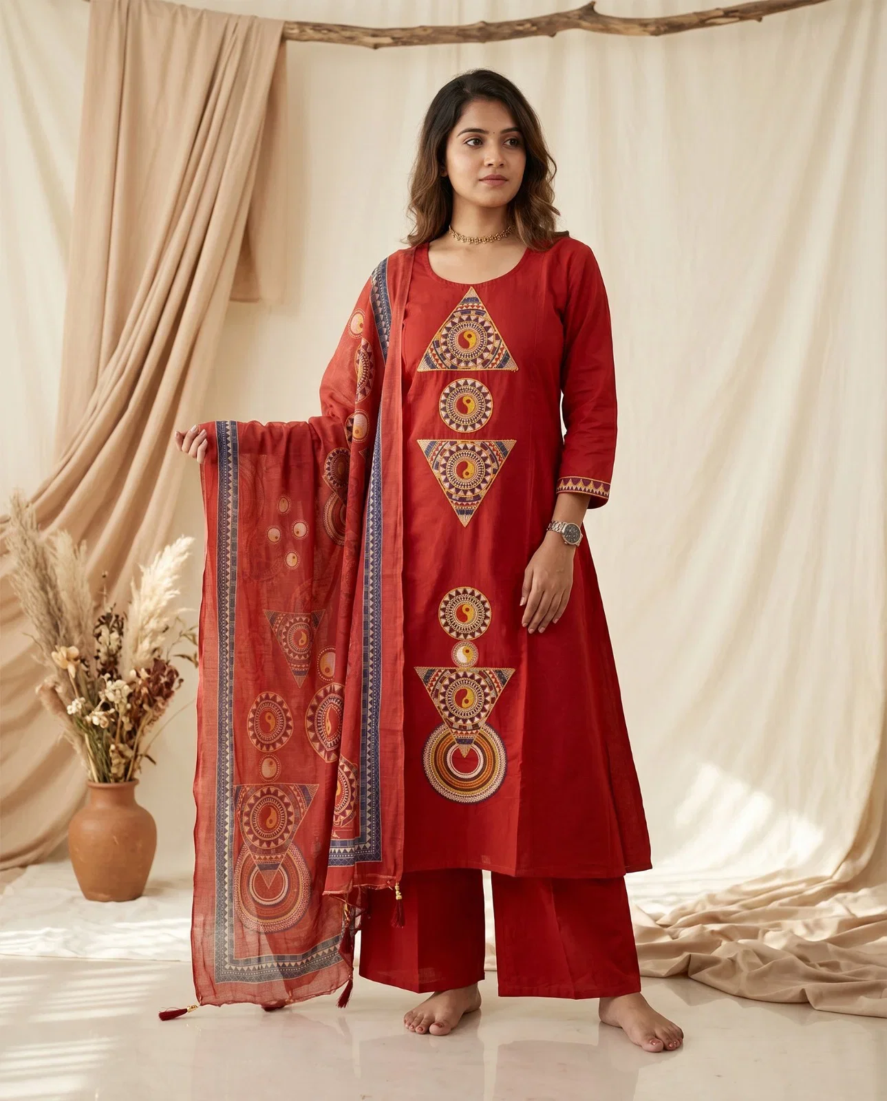 Naisha K 996 Dhabu Cotton Embroidered Kurti With Bottom Dupatta