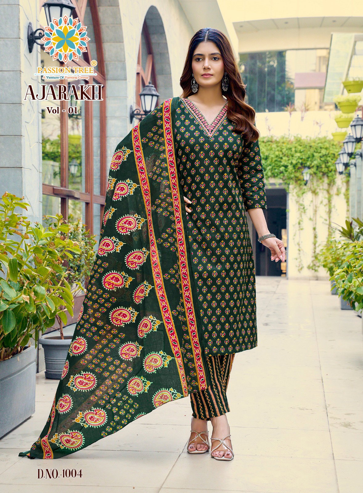Ajarakh Vol 1 By Passion Tree Heavy Cotton Print Embroidery Work Kurti Bottom With Dupatta
