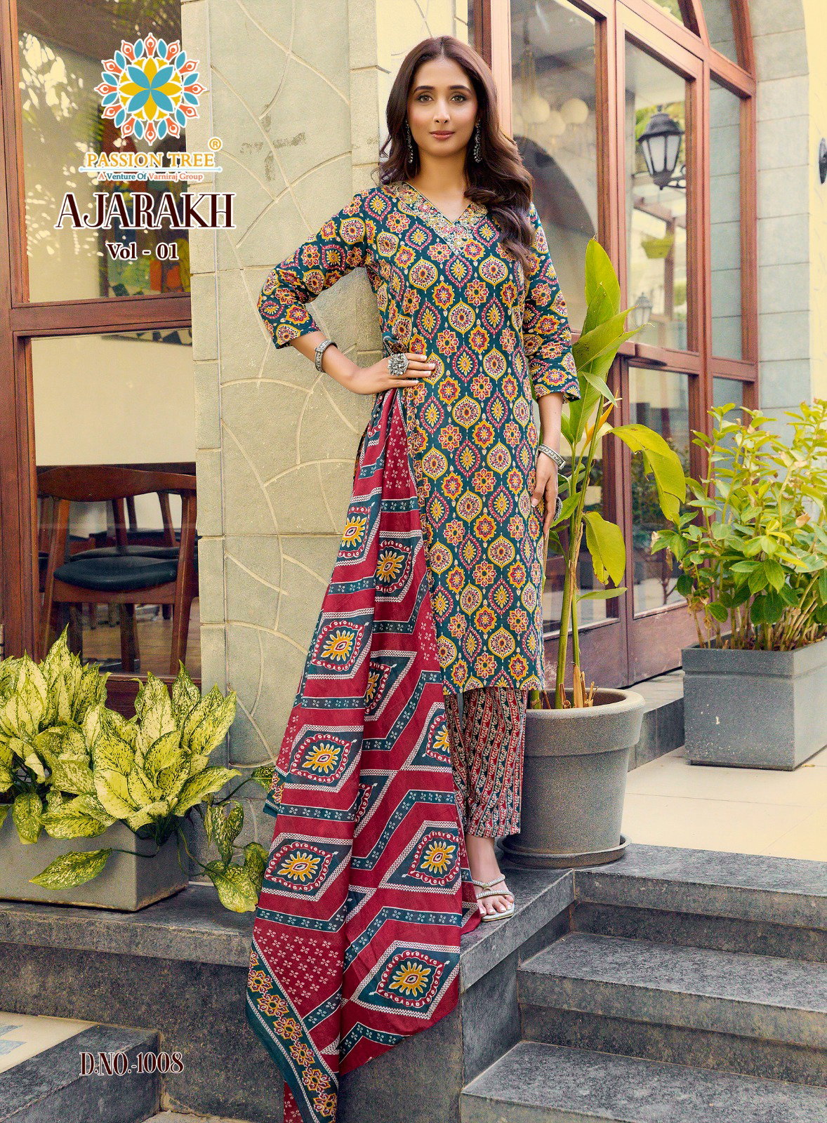 Ajarakh Vol 1 By Passion Tree Heavy Cotton Print Embroidery Work Kurti Bottom With Dupatta