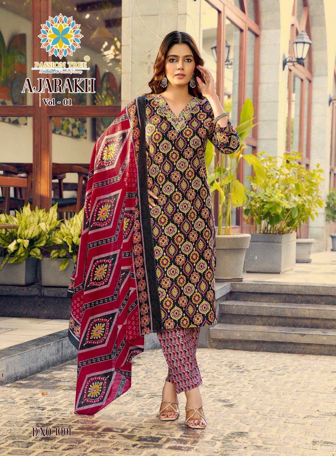 Ajarakh Vol 1 By Passion Tree Heavy Cotton Print Embroidery Work Kurti Bottom With Dupatta