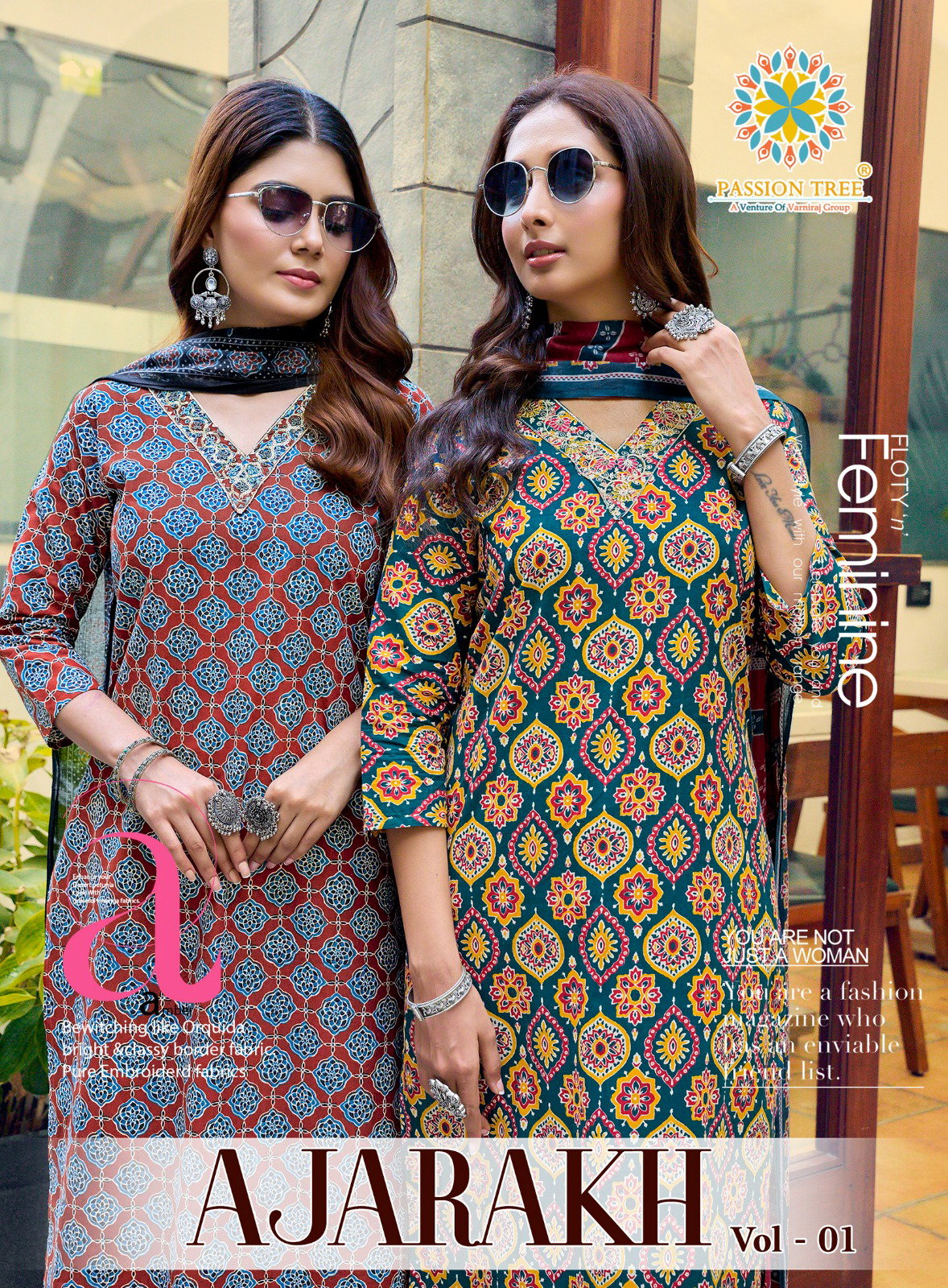 Ajarakh Vol 1 By Passion Tree Heavy Cotton Print Embroidery Work Kurti Bottom With Dupatta