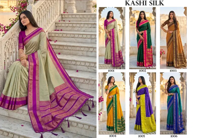 Ast Kashi Silk Silk Blend Zari Border Saree Collection